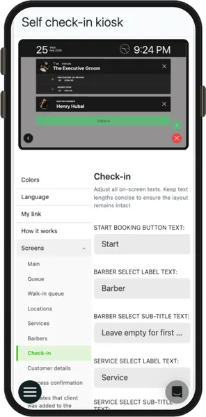 Barbershop self check-in kiosk configuration on mobile